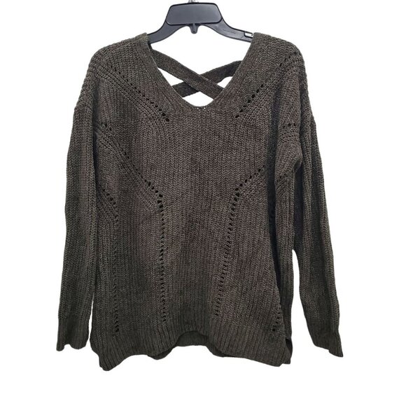 Pink Rose Women's Olive Polyester Plush Knit X-Back Soft V-Neck Sweater Size‎ L - Picture 1 of 6